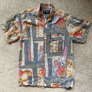 Vintage 90s Leo Gemelli Medium Rayon Short Sleeve Shirt Elephant Abstract Italy